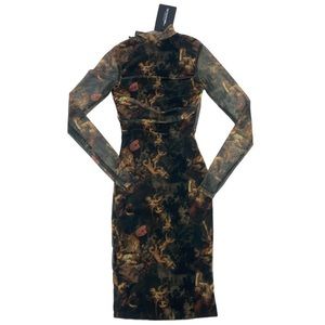 PrettyLittleThing Shape Renaissance Print High Neck Mesh Bodycon Dress. Size 4